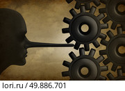 Industry corruption and dishonest business practice as a corrupt fraudulent person with a long liar nose moving machine gears as a metaphor for illegal corporate crime or company fraud. Стоковое фото, агентство Ingram Publishing / Фотобанк Лори