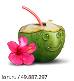 Happy tropical drink concept as a fresh cut coconut with a flower and water drops shaped as a smiling face as a vacation relaxation symbol and leisure recreation icon on a white background. Стоковое фото, агентство Ingram Publishing / Фотобанк Лори