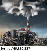 Toxic smoke symbol as a dirty industrial factory with garbage smoke stacks and a nuclear power plant shaped as a human face polluting the environment with toxins in the air shaped as a skull. Стоковое фото, агентство Ingram Publishing / Фотобанк Лори