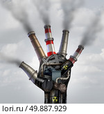 Man made pollution toxic smoke stop symbol as a dirty industrial factory with garbage smoke stacks and a petrochemical refinery plant shaped as a human open hand polluting the environment with toxins in the air. Стоковое фото, агентство Ingram Publishing / Фотобанк Лори