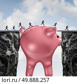 Money bridge financial concept as a huge piggy bank closing the gap between two cliffs as a financemetaphor for budget solution or economic assistance and investment to go forward. Стоковое фото, агентство Ingram Publishing / Фотобанк Лори