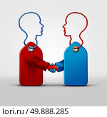 Price fixing business agreement and collusion concept as two price tagg objects shaped as a human as a symbol for secret pricing deal coming together in a handshake as a metaphor for market deceptive practices. Стоковое фото, агентство Ingram Publishing / Фотобанк Лори