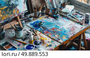 A table cluttered with numerous paint tubes, jars, and a variety of paintbrushes scattered across the surface. Стоковое AI-изображение, AI-художник Данила Большаков / Фотобанк Лори