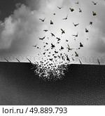 Break down walls and remove barriers and tarrifs as a business concept for open free trade with no levy or excise tax as a security wall being destroyed transforming into a group of flying birds. Стоковое фото, агентство Ingram Publishing / Фотобанк Лори