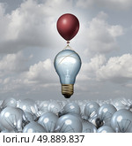 Innovative thinking concept as a group of 3D illustration light bulbs in a vast landscape as one lightbulb rises up with the help of a balloon as a motivation metaphor for creative innovation inspiration. Стоковое фото, агентство Ingram Publishing / Фотобанк Лори