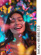 A woman with a joyful expression on her face is encircled by a swarm of colorful butterflies. Стоковое AI-изображение, AI-художник Данила Большаков / Фотобанк Лори