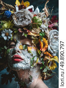 A woman adorned with white face paint stands with flowers on her head. Стоковое AI-изображение, AI-художник Данила Большаков / Фотобанк Лори
