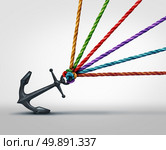 Pulling together community cooperation concept as a group of ropes that work together to pull on a heavy anchor as a metaphor for social teamwork success with 3D illustration elements. Стоковое фото, агентство Ingram Publishing / Фотобанк Лори