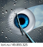 Eye care or eyecare health concept as a wet glass in front of an eyeball being wiped clean with a wiper as a optometry or ophthalmology medicine symbol with 3D illustration elements. Стоковое фото, агентство Ingram Publishing / Фотобанк Лори