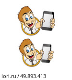 happy guy smile cartoon with handphone. happy guy smile cartoon with handphone theme vector art illustration. Стоковая иллюстрация, агентство Ingram Publishing / Фотобанк Лори