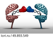 Battle of the brains and war of wit concept as two opposing open human brain symbols fighting as a debate or dispute metaphor and an icon for creative competition in a 3D illustration style. Стоковое фото, агентство Ingram Publishing / Фотобанк Лори