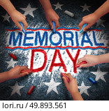 Memorial day celebration as a group of diverse people drawing red white and blue text as a patriotic American traditional text to honor veterans in a 3D illustration style. Стоковое фото, агентство Ingram Publishing / Фотобанк Лори