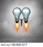 Entrepreneur success idea concept and investor symbol as a businessman or venture capitalist taking off on two lightbulbs as rockets with 3D illustration elements. Стоковое фото, агентство Ingram Publishing / Фотобанк Лори
