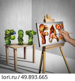 Food temptation concept as a green vegetables shaped as the word fit with a painter painting the text fat made of greasy fast food as a nutrition health metaphor for craving and having an obsession with unhealthy snacks with 3D illustration elements. Стоковое фото, агентство Ingram Publishing / Фотобанк Лори