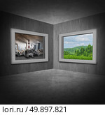Environmental change concept as a room with two windows showing a polluted toxic environment contrasted by another window with green trees and clean air as a climate and ozone depletion symbol with 3D illustration elements. Стоковое фото, агентство Ingram Publishing / Фотобанк Лори