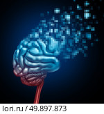 Digital brain and mind upload or uploading human thinking concept as a neurological organ being tranformed to digitalized pixels uploaded to virtual space or a cloud server as an artificial intelligence symbol or neuroscience technology in a 3D illustration style. Стоковое фото, агентство Ingram Publishing / Фотобанк Лори