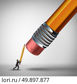 Fight the establishment business challenge concept and underdog metaphor as a businessman defending himself against a giant pencil eraser as a symbol for fighting the established big power or preventing job cuts with 3D illustration elements. Стоковое фото, агентство Ingram Publishing / Фотобанк Лори
