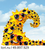 Heat wave concept as a group of sun characters shaped as an ocean wave as a record breaking extreme hot weather concept during summer season as a 3D illustration. Стоковое фото, агентство Ingram Publishing / Фотобанк Лори
