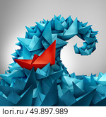 Caught in a wave as a business concept of following popular social trends or corporate insider as an ocean splash made of paper boats with a red boat trapped or integrated within the organised group in a 3D illustration style. Стоковое фото, агентство Ingram Publishing / Фотобанк Лори