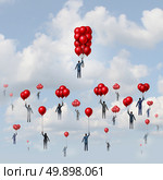 Business wealth concept as a group of people lifted by balloons with an individual businessman with more accumulated floating objects reaching higher with 3D illustration elements. Стоковое фото, агентство Ingram Publishing / Фотобанк Лори