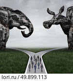 American election decision and voting in the USA concept as voters walking towards a fork in the road under a cliff shaped as an elephant and donkey representing conservative and liberal choices with 3D illustration elements. Стоковое фото, агентство Ingram Publishing / Фотобанк Лори