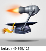 Learn faster and fast education or speed learning concept as a jet engine moving a graduation cap as a metaphor for rapid student success or career goals as a 3D illustration. Стоковое фото, агентство Ingram Publishing / Фотобанк Лори