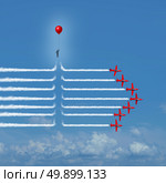 Disruptive change as an outsider person disrupting the jet airplane smoke trails with 3D illustration elements as a business innovator or innovative change maker symbol. Стоковое фото, агентство Ingram Publishing / Фотобанк Лори