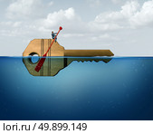 Solution management business concept as a leader businessman guiding and directing a giant key in the water as a metaphor for corporate guidance and direction strategy with 3D illustration elements. Стоковое фото, агентство Ingram Publishing / Фотобанк Лори