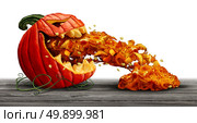 Pumpkin character as a halloween orange squash vegetable and scary jack o lantern icon vomiting seeds and pulp in a side view with an open mouth on a white background as a symbol for fall and autumn festive communication with 3D illustration elements. Стоковое фото, агентство Ingram Publishing / Фотобанк Лори