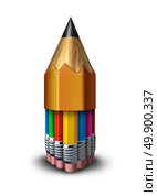 Learning group and team education concept as many diverse pencils grouped together inside one big pencil as a symbol for student school faculty union or voting community working together for success as a 3D illustration. Стоковое фото, агентство Ingram Publishing / Фотобанк Лори