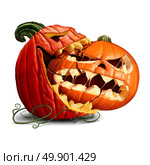 Pumpkin eating icon as a dominant halloween squash taking a bite out of another orange evil jack o lantern or a thanksgiving food symbol with 3D illustration elements. Стоковое фото, агентство Ingram Publishing / Фотобанк Лори
