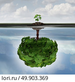 Potential success concept as a symbol for aspiration philosophy idea and determined growth motivation icon as a small young sappling making a reflection  of a mature large tree in the water with 3D illustration elements. Стоковое фото, агентство Ingram Publishing / Фотобанк Лори