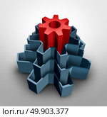 Core business solution concept as an inner center red gear inside a group of larger cog shapes as a corporate foundation symbol for fundamental values and infrastructure as a 3D illustration. Стоковое фото, агентство Ingram Publishing / Фотобанк Лори