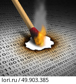 Delete data and deleting information as a technology concept with a lit match burning binary code as an internet security symbol or to eliminate and destroy an email or clean a hard drive server with 3D illustration elements. Стоковое фото, агентство Ingram Publishing / Фотобанк Лори