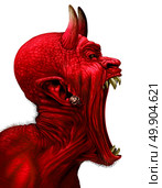 Devil scream character as a red demon or monster sreaming with fangs and teeth with in an open mouth as a side view horror face isolated on a white background with 3D illustration elements. Стоковое фото, агентство Ingram Publishing / Фотобанк Лори