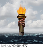 Holding the torch business metaphor as a hand that holds a flame that is sinking in water as a hope and perseverance concept for dependable insurance or courage and endurance with 3D illustration elements. Стоковое фото, агентство Ingram Publishing / Фотобанк Лори