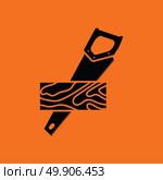 Handsaw cutting a plank icon. Orange background with black. Vector illustration. Стоковая иллюстрация, агентство Ingram Publishing / Фотобанк Лори