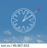 Time skill business schedule management skills as a jet airplane creating an air show smoke trail shaped as a clock as a schedule and date planning icon with 3D illustration elements. Стоковое фото, агентство Ingram Publishing / Фотобанк Лори