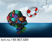 Shipping and cargo help as a group of container freight shaped as a human head that is drowning in the ocean with a life saver coming to the rescue as an export and import logistic management symbol with 3D illustration elements. Стоковое фото, агентство Ingram Publishing / Фотобанк Лори