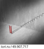 Success ladder and stairs concept as a climbing tool casting a shadow of a staircase or stairs as an infinite rise to success metaphor and ambition symbol as a 3D illustration. Стоковое фото, агентство Ingram Publishing / Фотобанк Лори