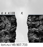 Ignore limitations concept as a business metaphor for incredible confidence and determination to succeed in a 3D illustration style as a group of people stopped at a cliff with one brave individual crosing the gap. Стоковое фото, агентство Ingram Publishing / Фотобанк Лори