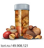 Nuts medicine concept and the health benefits of eating a nut as a group of walnuts pistachio almonds and other shell fruit or dried seed in a prescription bottle as a natural medication cure symbol with 3D illustration elements. Стоковое фото, агентство Ingram Publishing / Фотобанк Лори