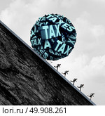 Tax stress concept and taxation stress symbol as a group of text shaped as a ball rolling down a hill towards people as a metaphor for accounting and bookkeeping panic with 3D illustration elements. Стоковое фото, агентство Ingram Publishing / Фотобанк Лори