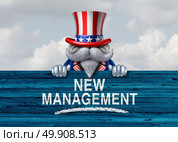 American political government change and new United States administration as a patriotic character holding a sign with text with 3D illustration elements. Стоковое фото, агентство Ingram Publishing / Фотобанк Лори