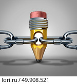 Education chain link and learning connection concept as a pencil shaped as a linking object as a strong creativity icon or restriction symbol as a 3D illustration. Стоковое фото, агентство Ingram Publishing / Фотобанк Лори