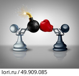 Aggressive strategy concept as two open chess pawns with a boxing glove fighting with an explosive bomb as a business competition metaphor for strategic advantage and prepared to win as a 3D illustration. Стоковое фото, агентство Ingram Publishing / Фотобанк Лори