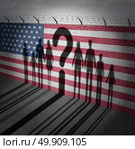 United States refugee question and immigration government policy as extreme vetting for banned newcomers in America as the cast shadow of international migrants on a wall with a US flag with 3D illustration elements. Стоковое фото, агентство Ingram Publishing / Фотобанк Лори