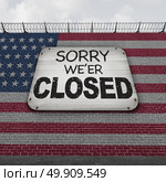 Closed american border wall concept as a security barricade with a sign with a message and flag of the United States as a customs and country boundary with barbed wire as a symbol for national protectionism as a 3D illustration. Стоковое фото, агентство Ingram Publishing / Фотобанк Лори