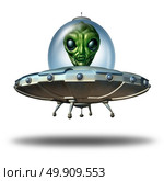 Alien in a flying saucer as a UFO visitor in a spaceship or spacecraft and extraterrestrial martian green creature inside as a symbol for the search for intelligent life as a 3D illustration on a white background. Стоковое фото, агентство Ingram Publishing / Фотобанк Лори