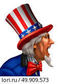 Uncle Sam in a side view yelling or talking on a white background as an American government character communicating a message on a white background with 3D illustration elements. Стоковое фото, агентство Ingram Publishing / Фотобанк Лори